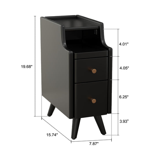 Solid Wood Slim Nightstand with Drawers, Elegant Narrow Bedside Table for Modern Bedrooms