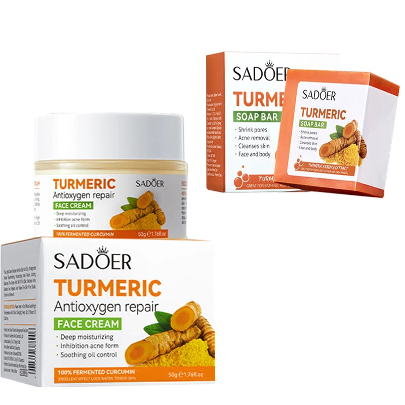 Natural Handmade Turmeric Soap Face Cream Serum Skin Care Set Clean Cutin Oil Control Removal Acne Whitening Remove Dark Spots - AR Perk Inc