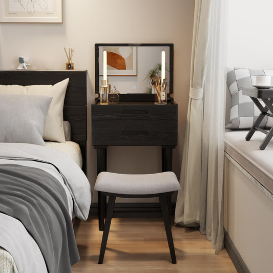 Flip Top Vanity Desk with Mirror & LED Lights, Solid Wood Small Makeup Table for Bedroom