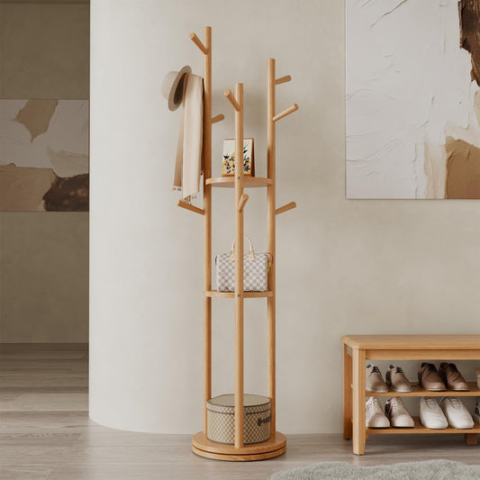 Premium Solid Wood Coat Rack, 360° Rotating Coat Tree with 3 Shelves & 9 Hooks for Modern Homes