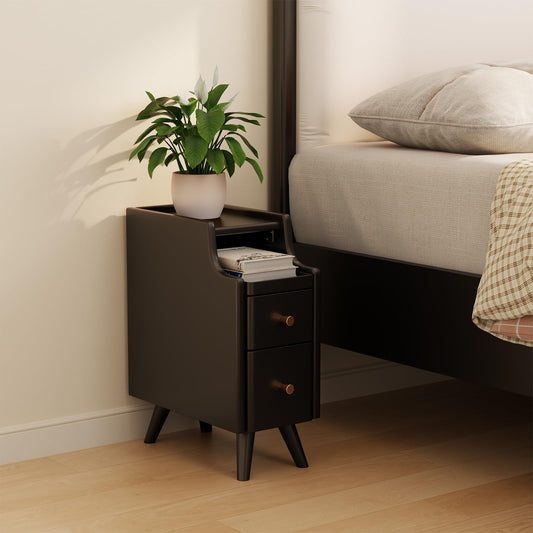 Solid Wood Slim Nightstand with Drawers, Elegant Narrow Bedside Table for Modern Bedrooms