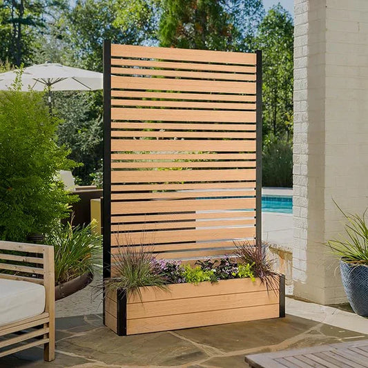 Freestanding Cedar Color Patio Privacy Screen with Planter Box, Privacy Planters for Patio, Privacy Wall Outdoor Privacy Screen