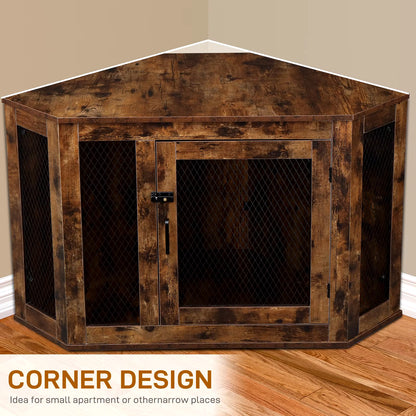 Corner Dog Cage Furniture Lockable Doors Dog Kennel with Wood&Mesh Dog Crate for Small/Medium Dogs Pet Dog House Side End Table