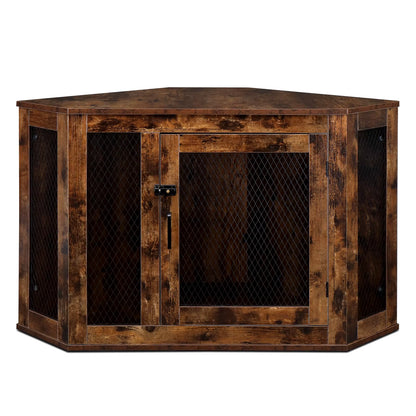 Corner Dog Cage Furniture Lockable Doors Dog Kennel with Wood&Mesh Dog Crate for Small/Medium Dogs Pet Dog House Side End Table