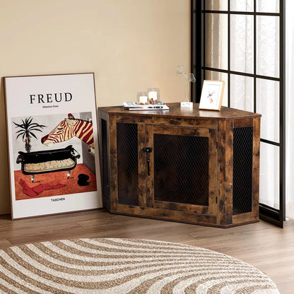 Corner Dog Cage Furniture Lockable Doors Dog Kennel with Wood&Mesh Dog Crate for Small/Medium Dogs Pet Dog House Side End Table