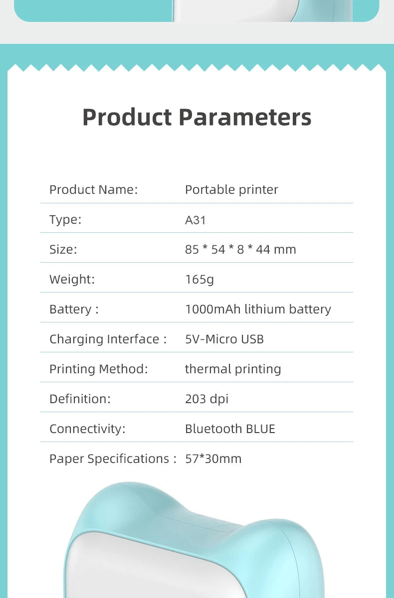 A31 Mini Printer Label Portable Thermal Printers Inkless Bluetooth impressora portatil Sticker Paper 57mm For Android for IOS