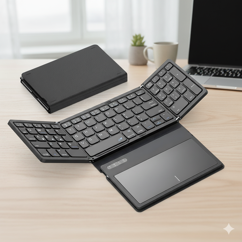AVATTO Portable Quadruple Folding Wireless Bluetooth keyboard with Foldable Touchpad for Windows Android IOS Tablet ipad Phone - AR Perk Inc