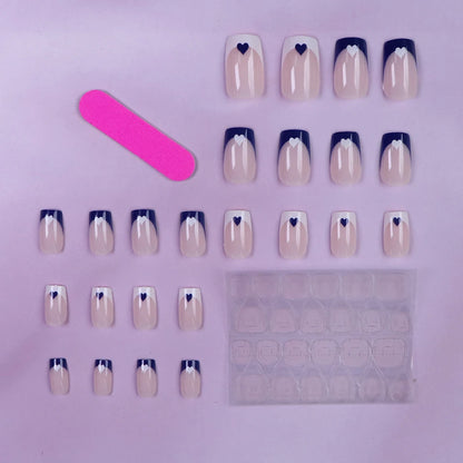 24pcs Short Square Baby Pink Striped Dots Heart Pattern Full Cover Fake Nail Summer Nails French Tip Press on Nails Korean - AR Perk Inc