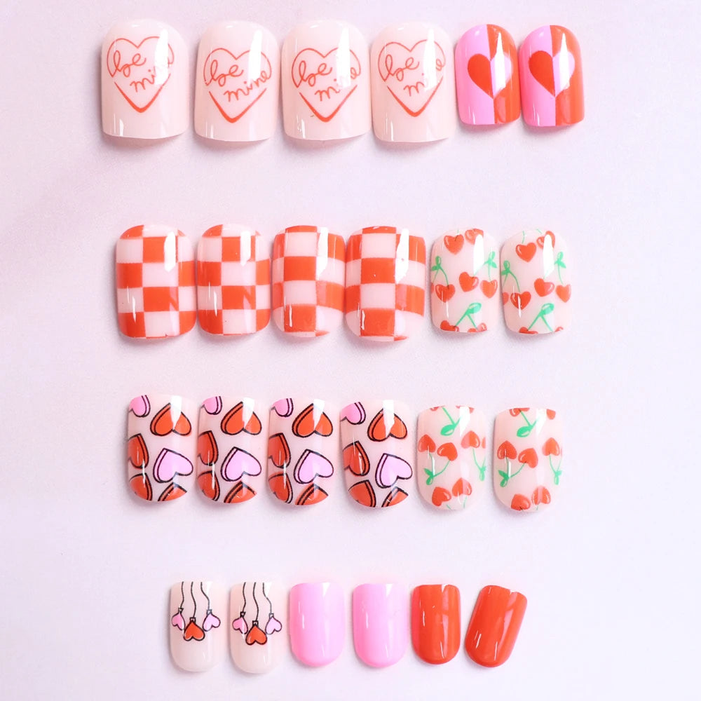 24pcs Short Square Baby Pink Striped Dots Heart Pattern Full Cover Fake Nail Summer Nails French Tip Press on Nails Korean