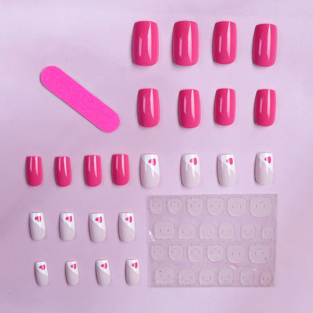 24pcs Short Square Baby Pink Striped Dots Heart Pattern Full Cover Fake Nail Summer Nails French Tip Press on Nails Korean