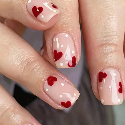 24pcs Short Square Baby Pink Striped Dots Heart Pattern Full Cover Fake Nail Summer Nails French Tip Press on Nails Korean - AR Perk Inc