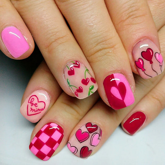 24pcs Short Square Baby Pink Striped Dots Heart Pattern Full Cover Fake Nail Summer Nails French Tip Press on Nails Korean