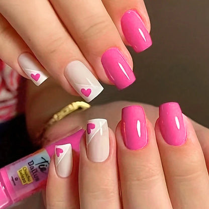 24pcs Short Square Baby Pink Striped Dots Heart Pattern Full Cover Fake Nail Summer Nails French Tip Press on Nails Korean - AR Perk Inc