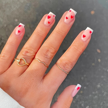 24pcs Short Square Baby Pink Striped Dots Heart Pattern Full Cover Fake Nail Summer Nails French Tip Press on Nails Korean - AR Perk Inc