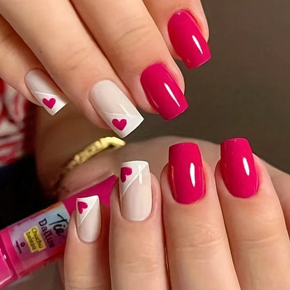 24pcs Short Square Baby Pink Striped Dots Heart Pattern Full Cover Fake Nail Summer Nails French Tip Press on Nails Korean - AR Perk Inc