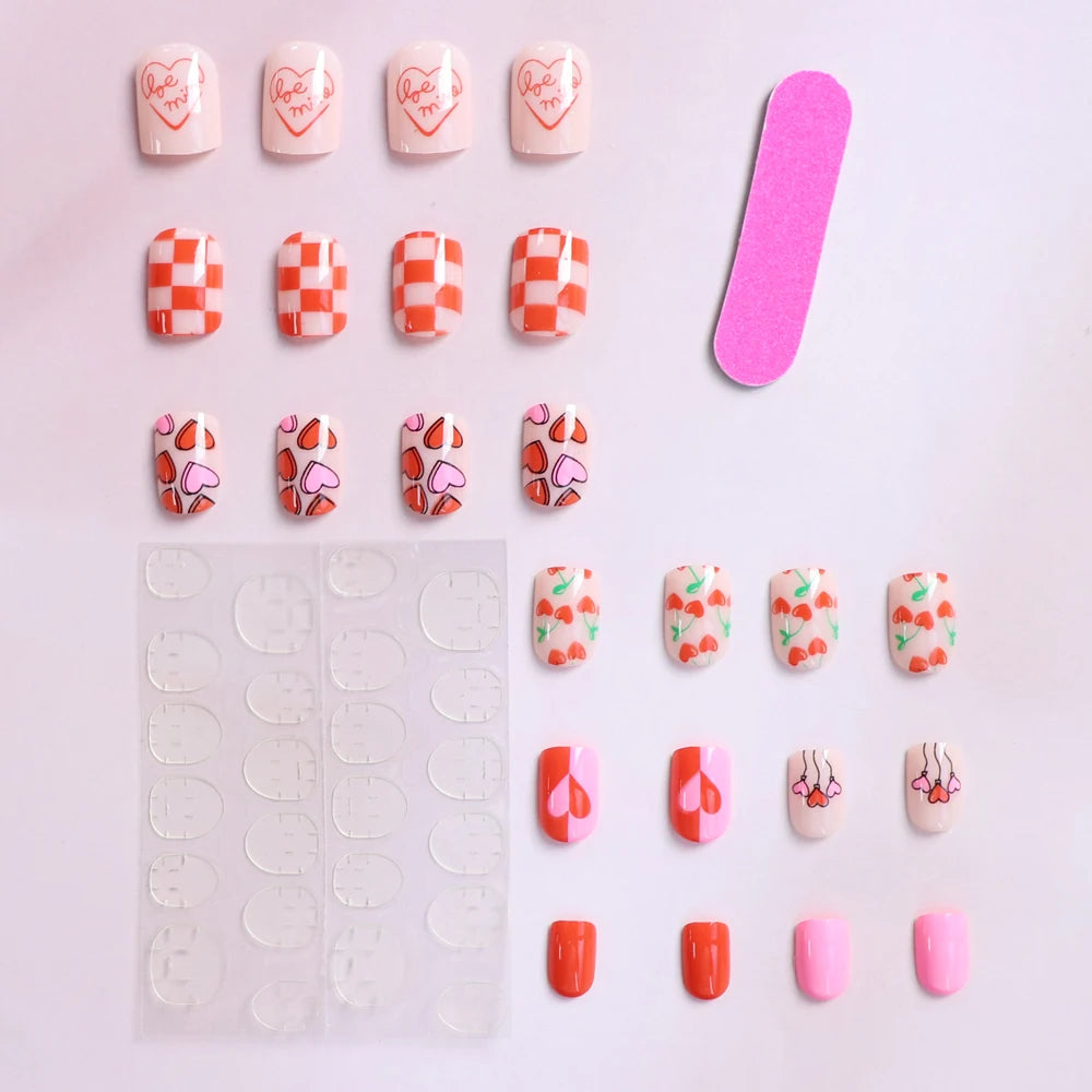 24pcs Short Square Baby Pink Striped Dots Heart Pattern Full Cover Fake Nail Summer Nails French Tip Press on Nails Korean