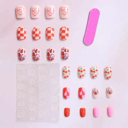 24pcs Short Square Baby Pink Striped Dots Heart Pattern Full Cover Fake Nail Summer Nails French Tip Press on Nails Korean - AR Perk Inc