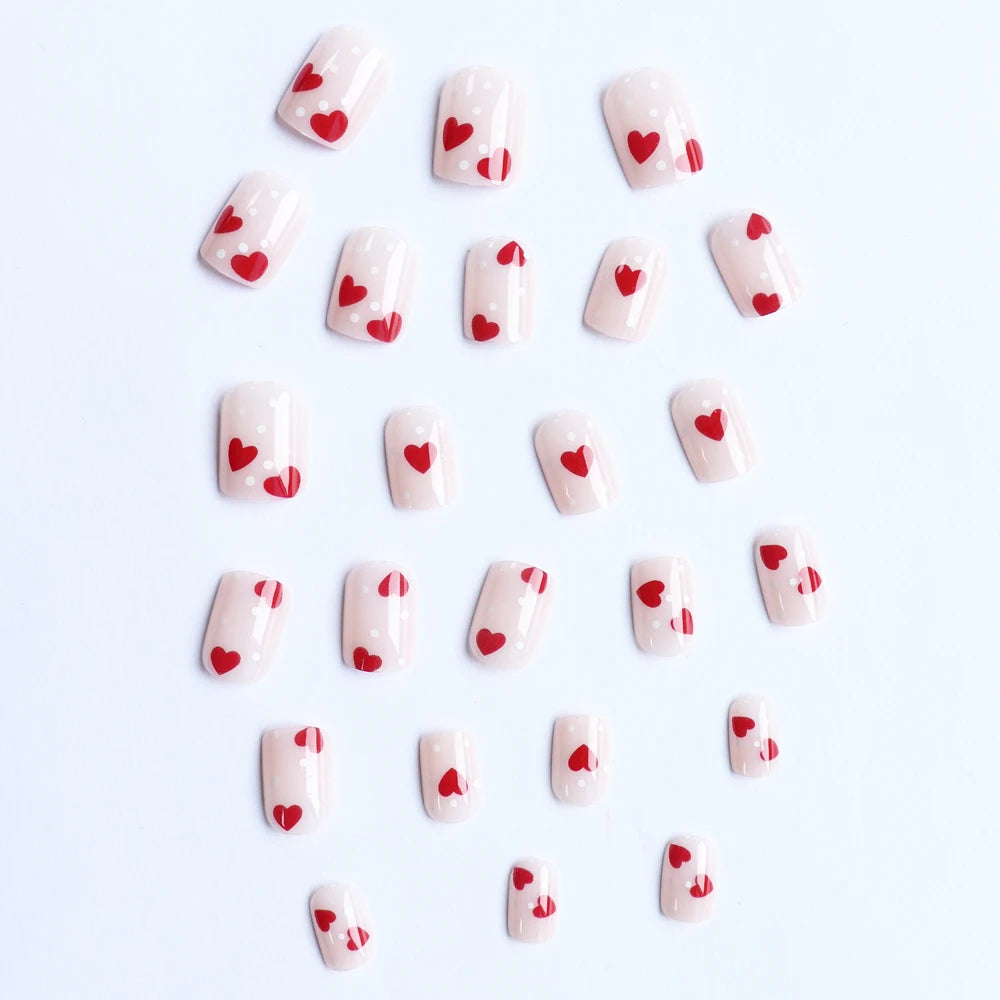 24pcs Short Square Baby Pink Striped Dots Heart Pattern Full Cover Fake Nail Summer Nails French Tip Press on Nails Korean