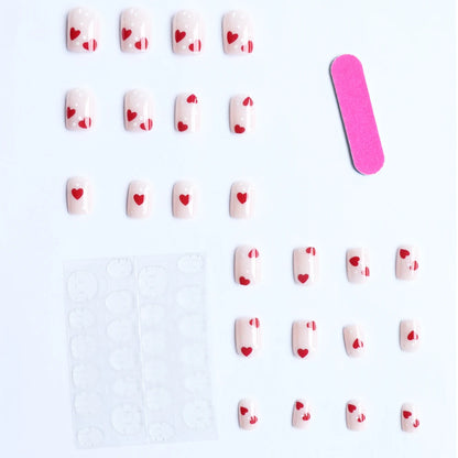 24pcs Short Square Baby Pink Striped Dots Heart Pattern Full Cover Fake Nail Summer Nails French Tip Press on Nails Korean - AR Perk Inc