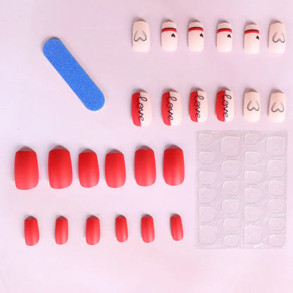 24pcs Short Square Baby Pink Striped Dots Heart Pattern Full Cover Fake Nail Summer Nails French Tip Press on Nails Korean - AR Perk Inc