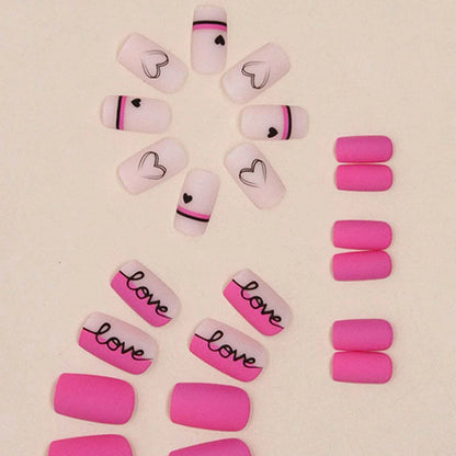 24pcs Short Square Baby Pink Striped Dots Heart Pattern Full Cover Fake Nail Summer Nails French Tip Press on Nails Korean - AR Perk Inc