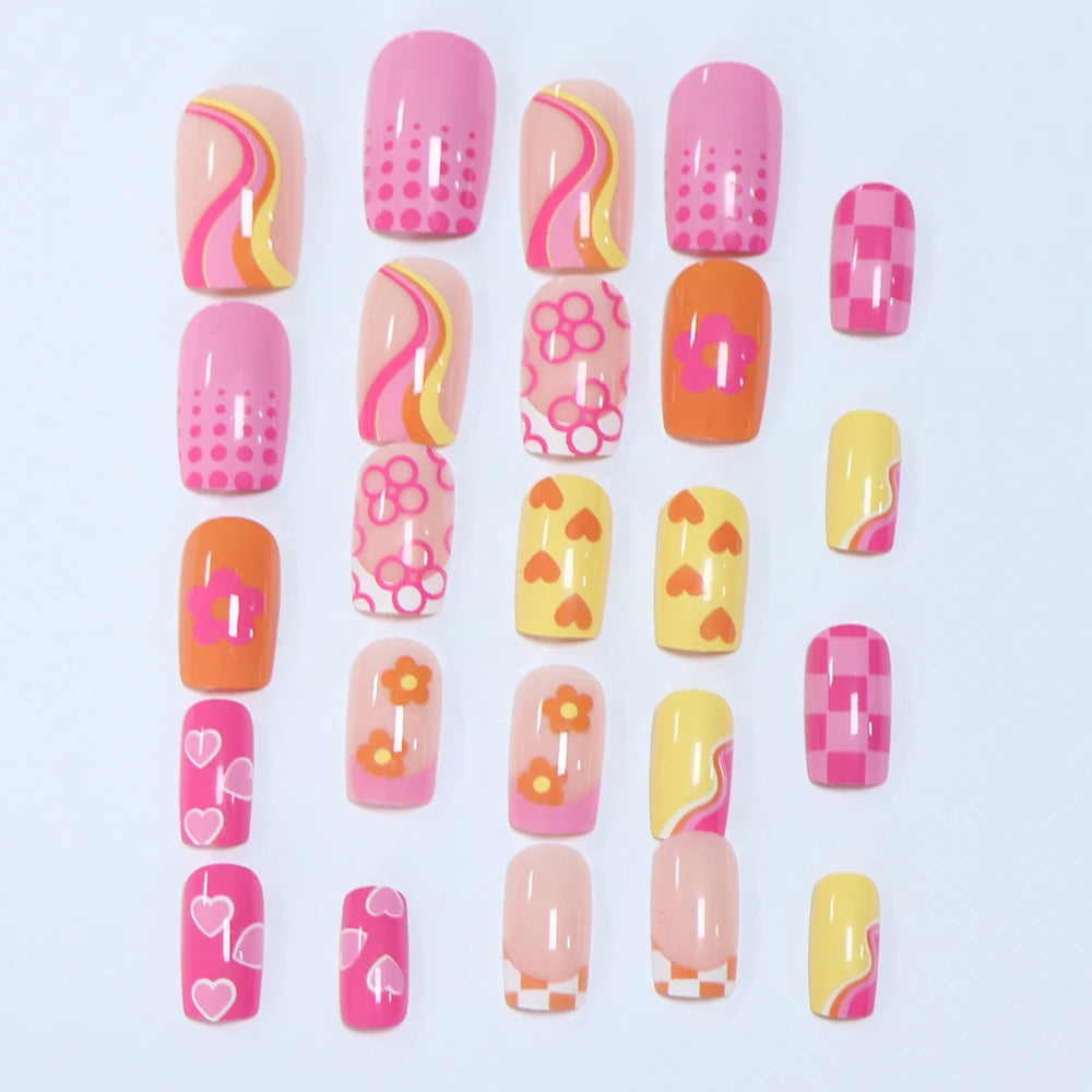 24pcs Short Square Baby Pink Striped Dots Heart Pattern Full Cover Fake Nail Summer Nails French Tip Press on Nails Korean