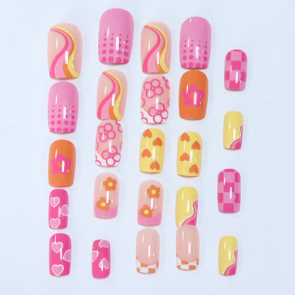 24pcs Short Square Baby Pink Striped Dots Heart Pattern Full Cover Fake Nail Summer Nails French Tip Press on Nails Korean - AR Perk Inc