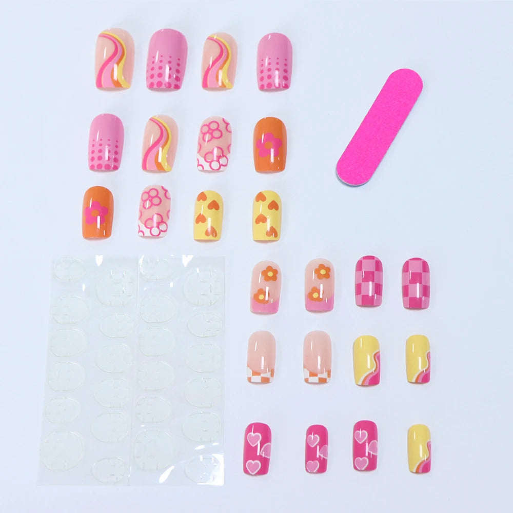 24pcs Short Square Baby Pink Striped Dots Heart Pattern Full Cover Fake Nail Summer Nails French Tip Press on Nails Korean