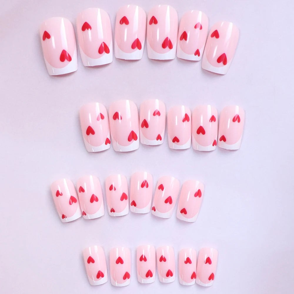 24pcs Short Square Baby Pink Striped Dots Heart Pattern Full Cover Fake Nail Summer Nails French Tip Press on Nails Korean