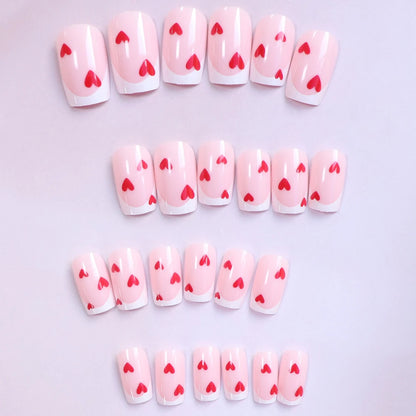 24pcs Short Square Baby Pink Striped Dots Heart Pattern Full Cover Fake Nail Summer Nails French Tip Press on Nails Korean - AR Perk Inc