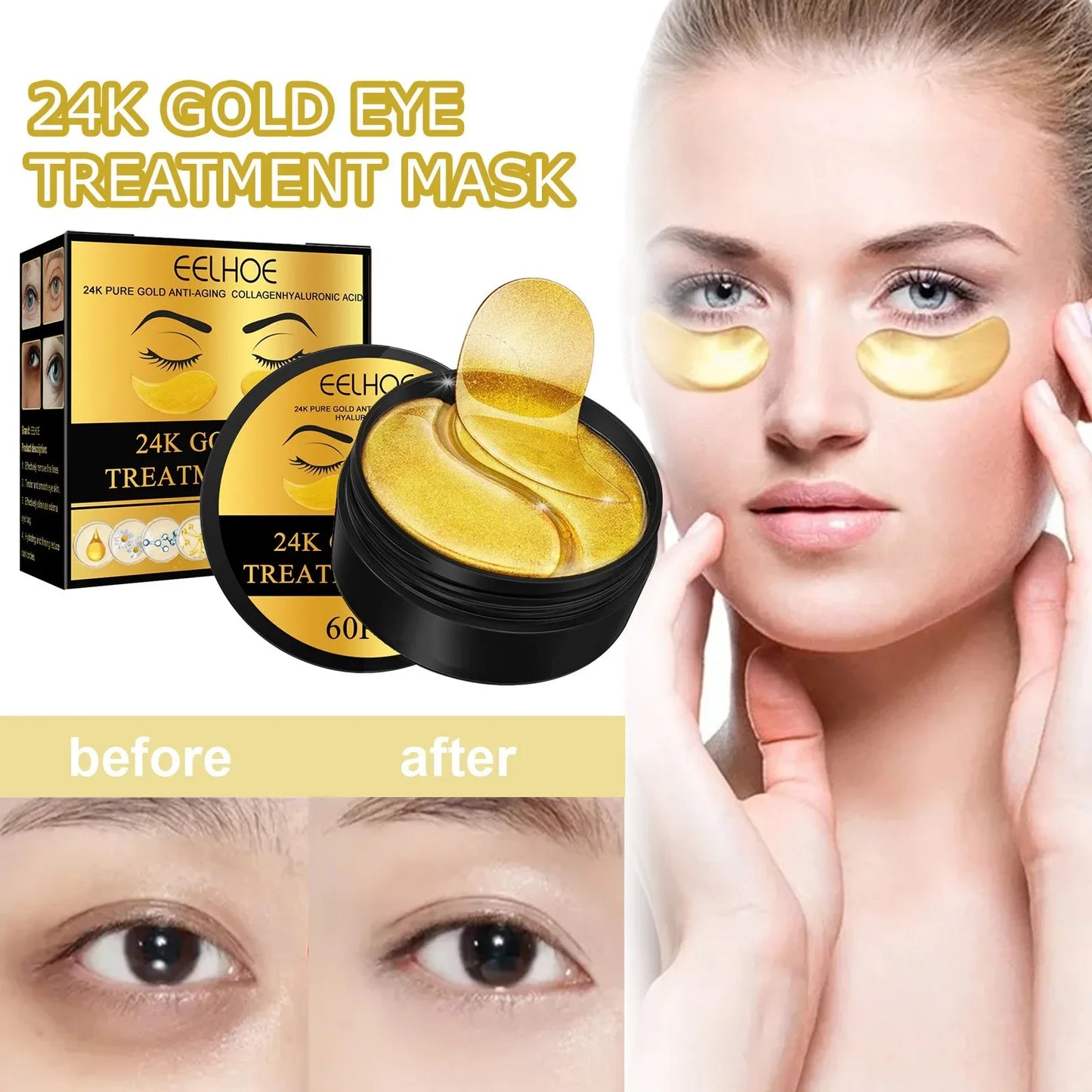 24K Gold Hyaluronic Acid Eye Mask Moisturizing Remove Dark Eye Circles Collagen Eye Patches Korean Beauty Skincare Products