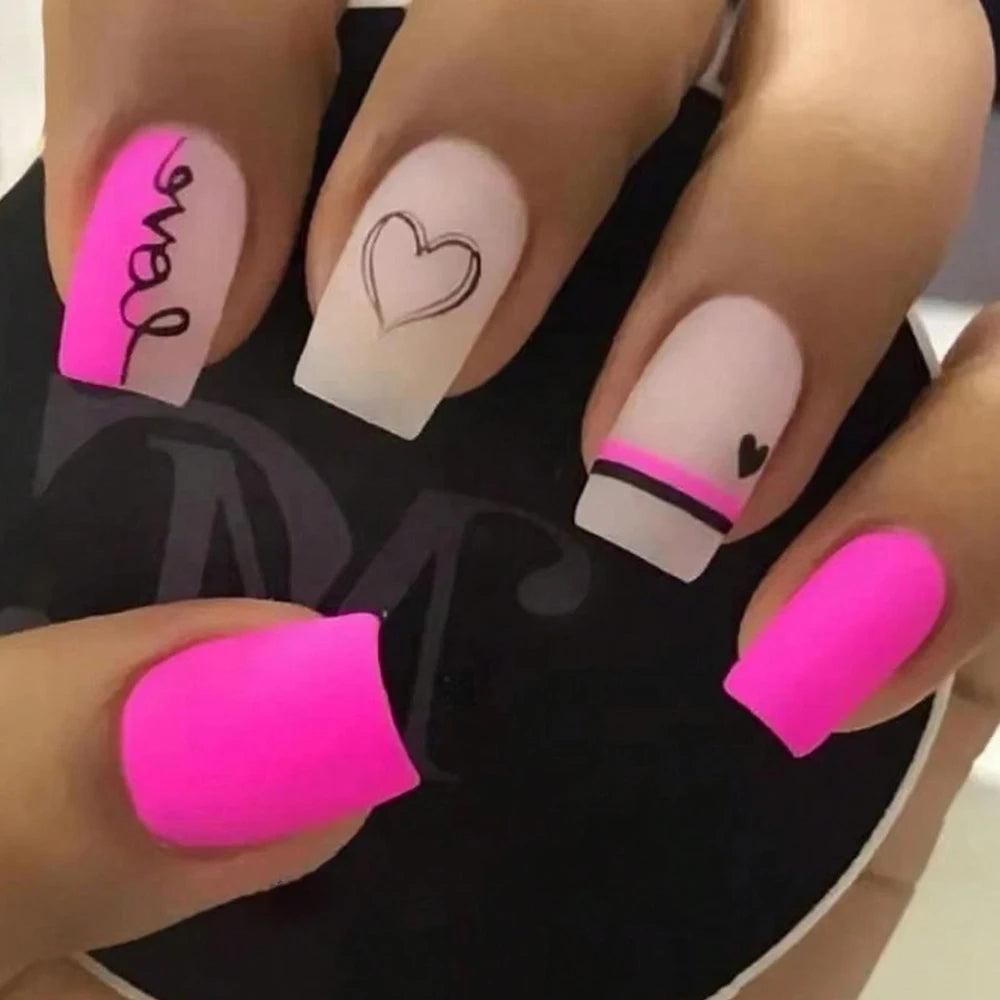 24pcs Short Square Baby Pink Striped Dots Heart Pattern Full Cover Fake Nail Summer Nails French Tip Press on Nails Korean