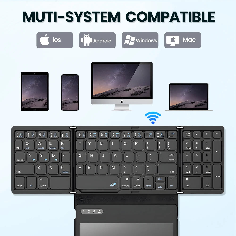 AVATTO Portable Quadruple Folding Wireless Bluetooth keyboard with Foldable Touchpad for Windows Android IOS Tablet ipad Phone