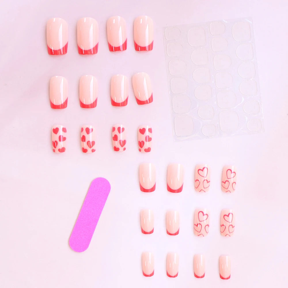 24pcs Short Square Baby Pink Striped Dots Heart Pattern Full Cover Fake Nail Summer Nails French Tip Press on Nails Korean