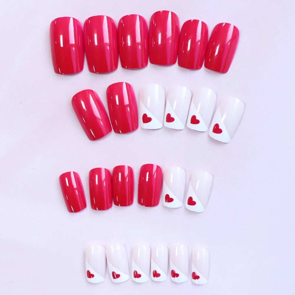 24pcs Short Square Baby Pink Striped Dots Heart Pattern Full Cover Fake Nail Summer Nails French Tip Press on Nails Korean