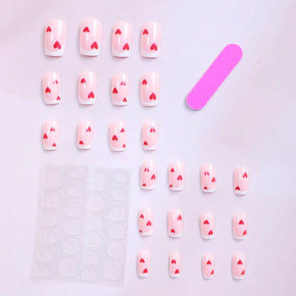 24pcs Short Square Baby Pink Striped Dots Heart Pattern Full Cover Fake Nail Summer Nails French Tip Press on Nails Korean - AR Perk Inc