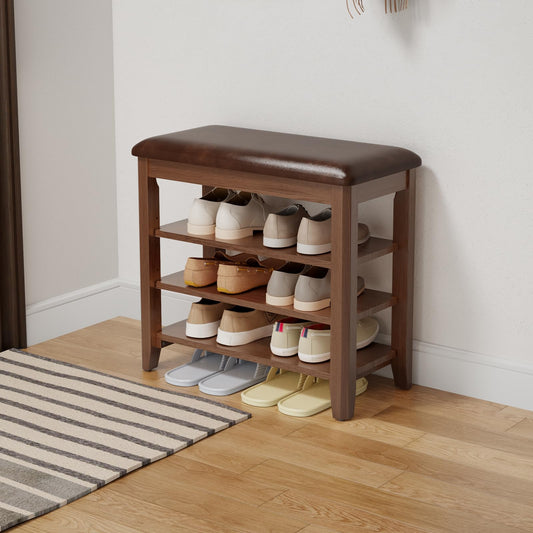 Shoe Storage Bench with Leather Cushion, 3-Tier Adjustable Rack, Walnut Wood Entryway Bench