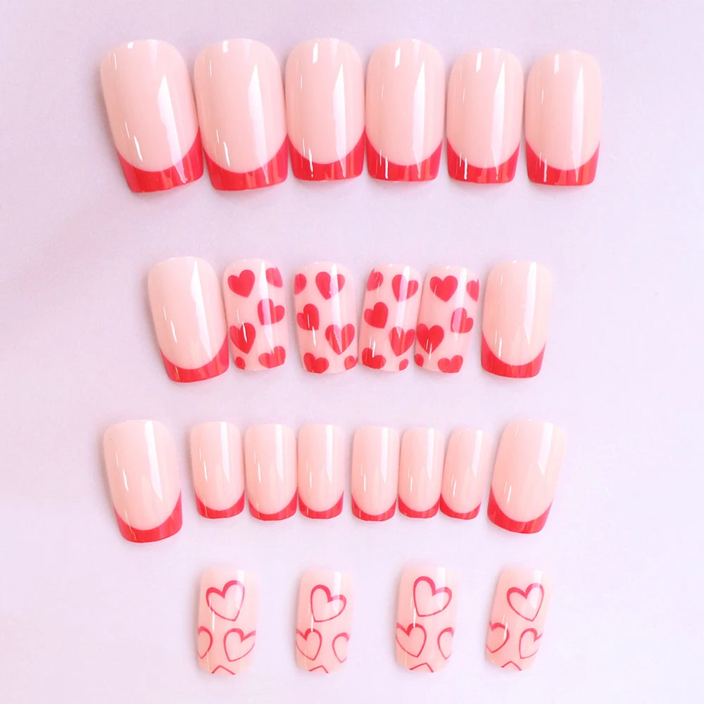 24pcs Short Square Baby Pink Striped Dots Heart Pattern Full Cover Fake Nail Summer Nails French Tip Press on Nails Korean