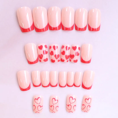 24pcs Short Square Baby Pink Striped Dots Heart Pattern Full Cover Fake Nail Summer Nails French Tip Press on Nails Korean - AR Perk Inc
