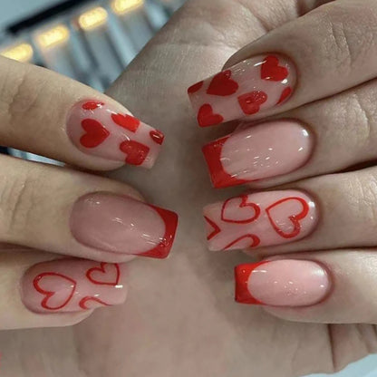 24pcs Short Square Baby Pink Striped Dots Heart Pattern Full Cover Fake Nail Summer Nails French Tip Press on Nails Korean - AR Perk Inc