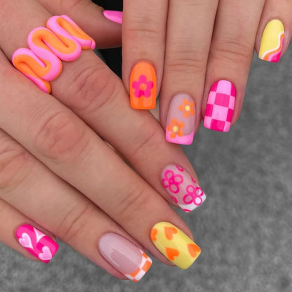 24pcs Short Square Baby Pink Striped Dots Heart Pattern Full Cover Fake Nail Summer Nails French Tip Press on Nails Korean - AR Perk Inc