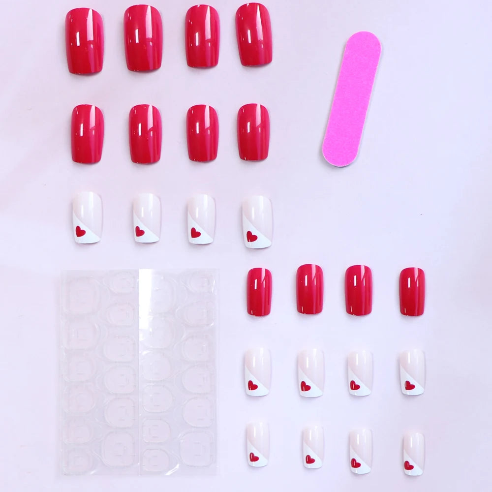 24pcs Short Square Baby Pink Striped Dots Heart Pattern Full Cover Fake Nail Summer Nails French Tip Press on Nails Korean