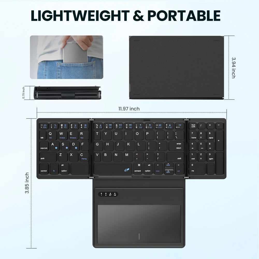 AVATTO Portable Quadruple Folding Wireless Bluetooth keyboard with Foldable Touchpad for Windows Android IOS Tablet ipad Phone