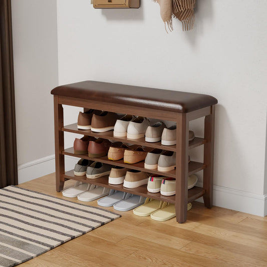 Shoe Storage Bench with Leather Cushion, 3-Tier Adjustable Rack, Walnut Wood Entryway Bench