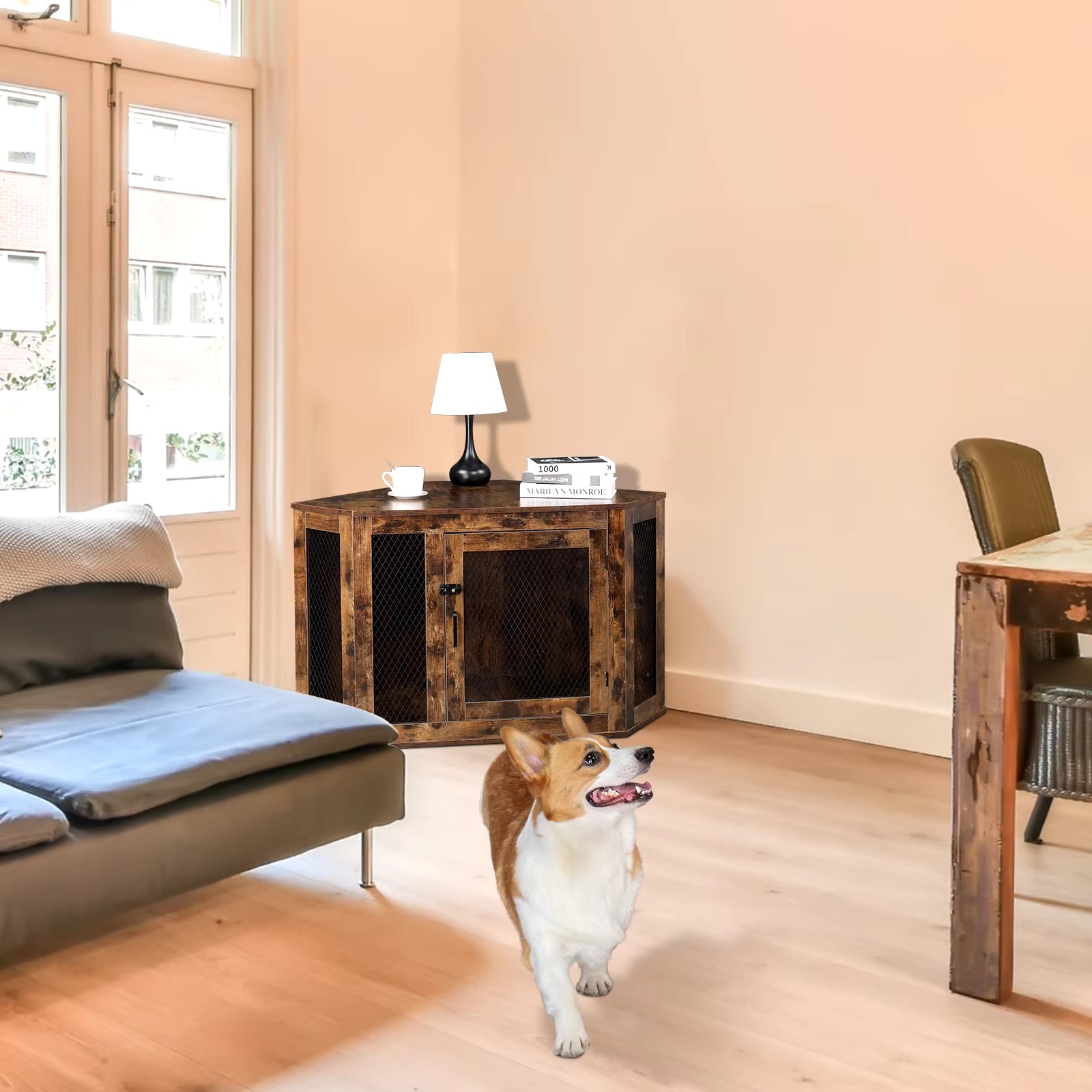 Corner Dog Cage Furniture Lockable Doors Dog Kennel with Wood&Mesh Dog Crate for Small/Medium Dogs Pet Dog House Side End Table