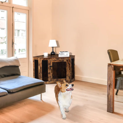 Corner Dog Cage Furniture Lockable Doors Dog Kennel with Wood&Mesh Dog Crate for Small/Medium Dogs Pet Dog House Side End Table