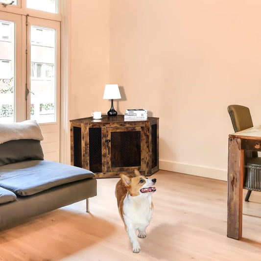 Corner Dog Cage Furniture Lockable Doors Dog Kennel with Wood&Mesh Dog Crate for Small/Medium Dogs Pet Dog House Side End Table